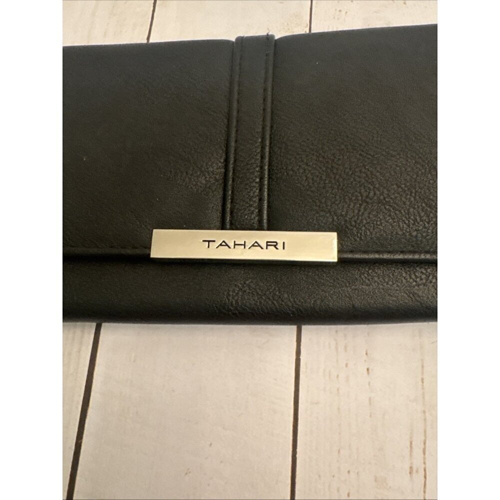 Tahari Black Womens Faux Leather Trifold Wallet Identity Protect Lining 8x5” EUC - Picture 2 of 6